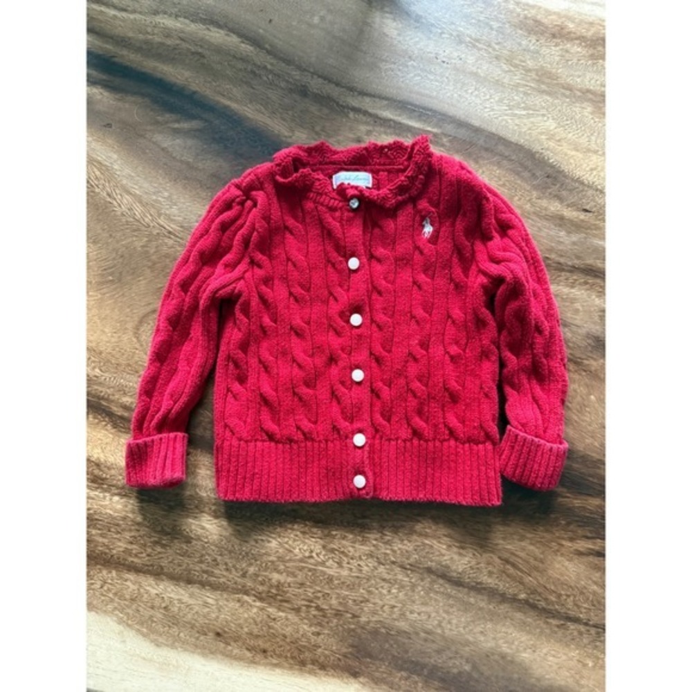 Ralph Lauren Toddler Girls Red Cable Knit Ruffle Collar Cardigan Sweater 18M